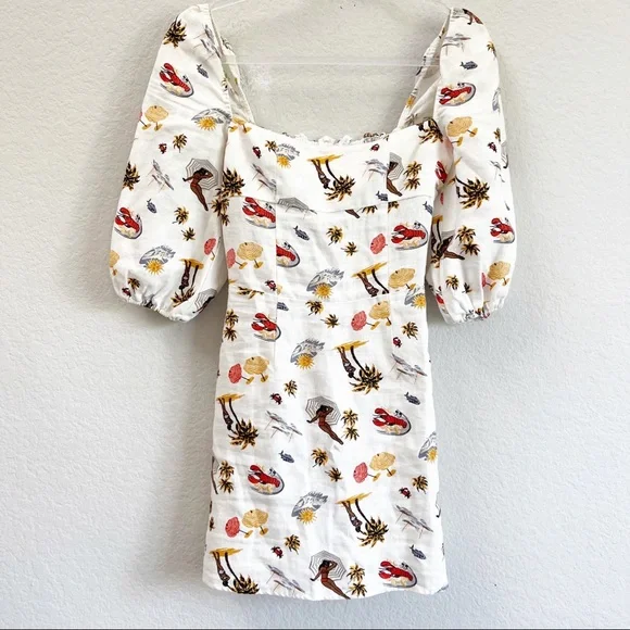 Reformation Hampstead Linen Dress White Tropez Print Lobster